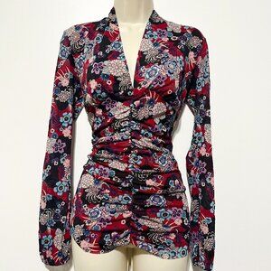 Womens Y2K Mesh Fairy Grunge Top M Red Ruched Hippie Festival Artsy Asian Floral